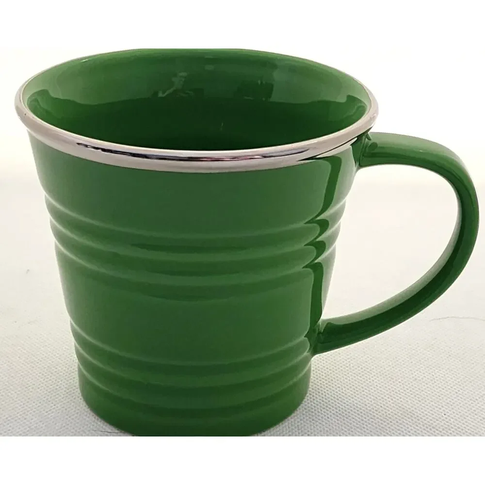 Starbucks 2007 Green Ceramic Coffee Mug 14 oz Silver Rim Ribbed Vintage Cup